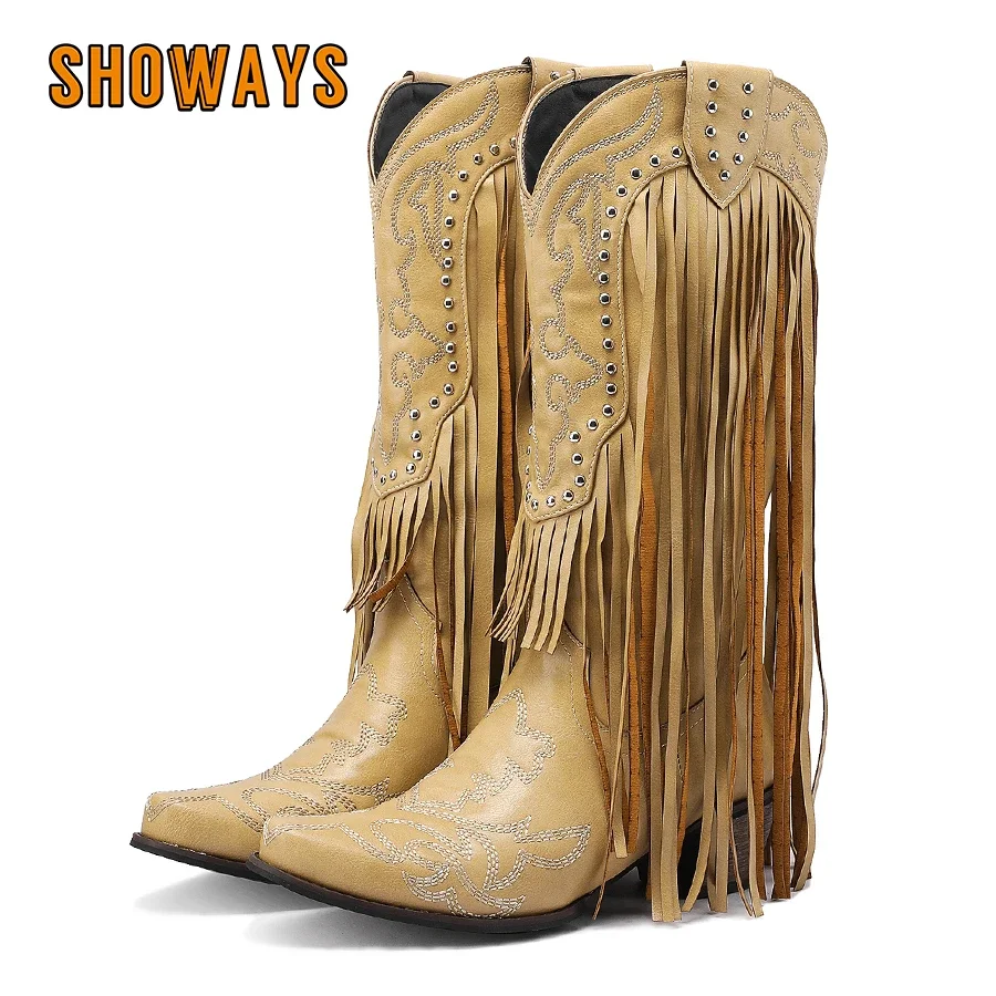 Embroidery Red - Fringe Rivet Western Women Mid-calf Boots