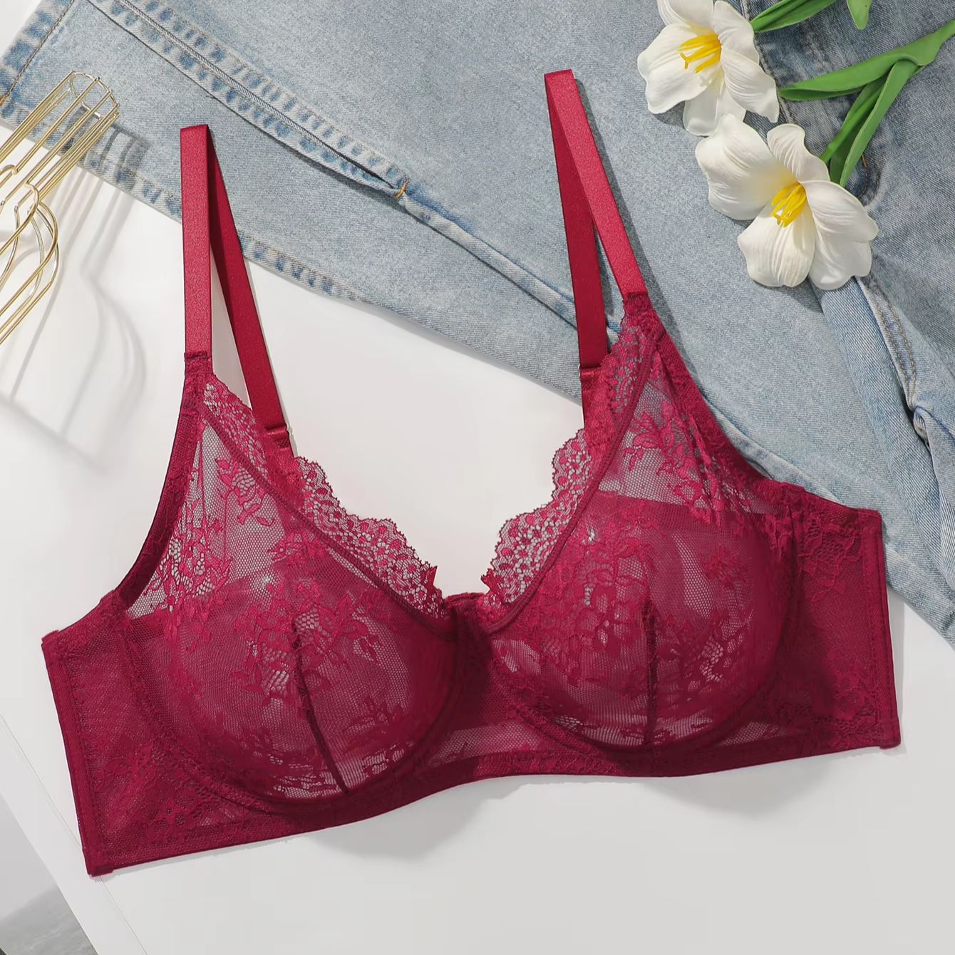 Women Plus Size Red Lace Sheer - Embroidery Red ulasan dan harga