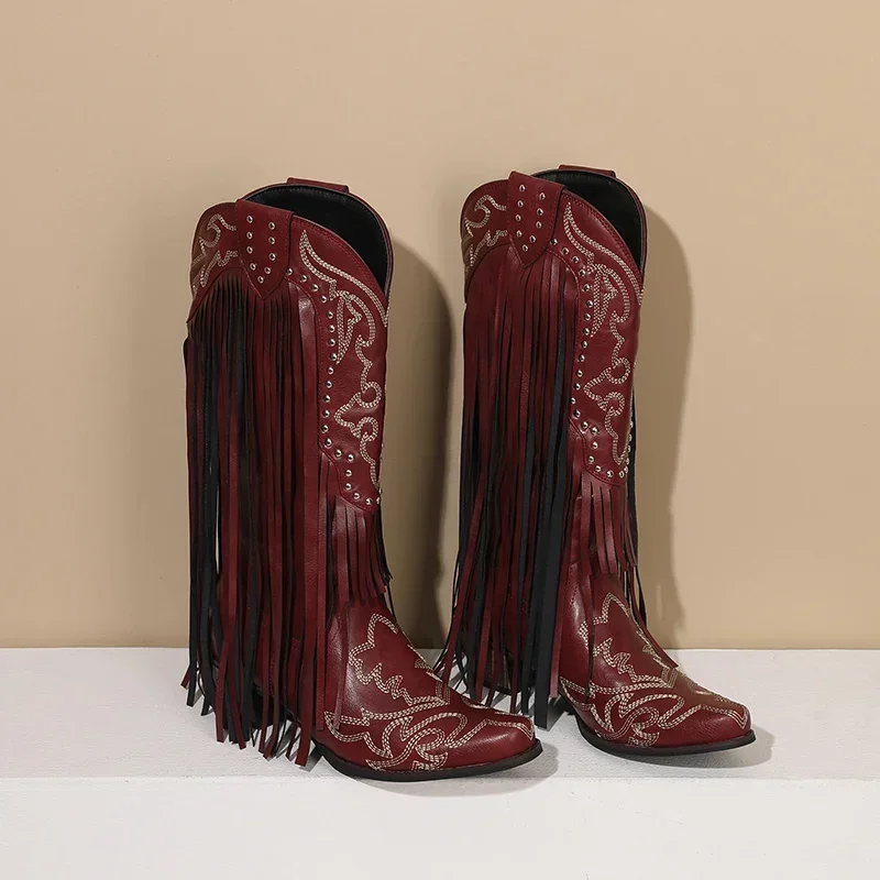 Fringe Rivet Western Women Mid - Embroidery Red ulasan dan harga