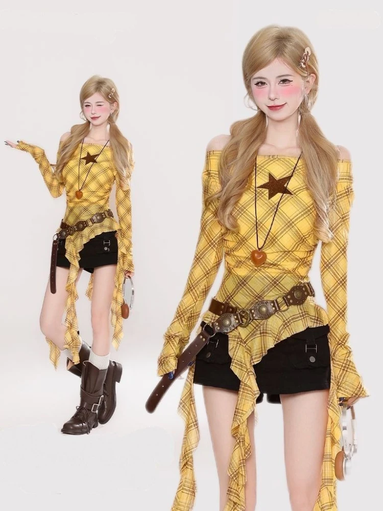 Y2K Plaid Slash Neck Vintage T - Embroidery Shirt ulasan dan harga