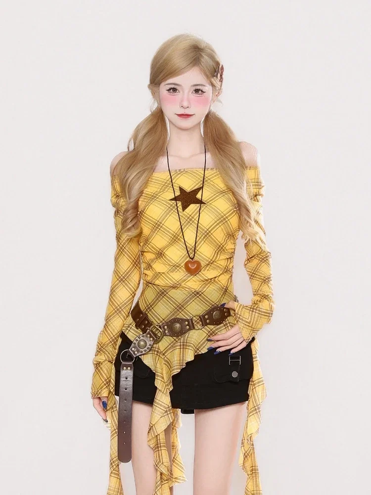 Y2K Plaid Slash Neck Vintage T - Embroidery Shirt ulasan dan harga