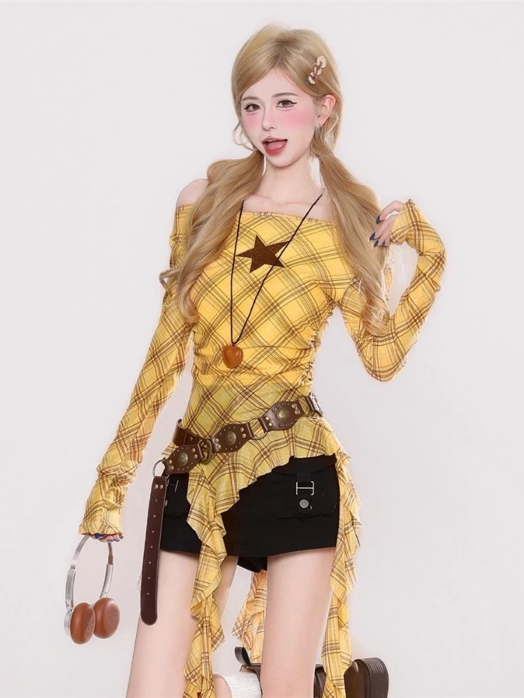 Y2K Plaid Slash Neck Vintage T - Embroidery Shirt ulasan dan harga