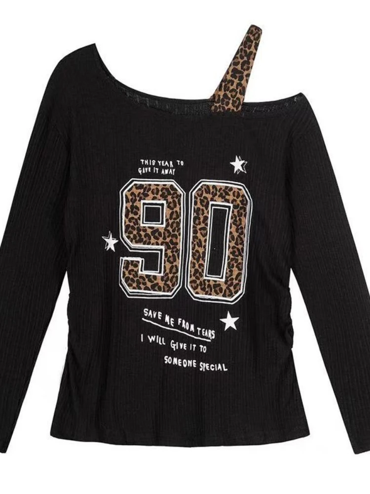 Y2K Patchwork Leopard Print T- - Embroidery Shirt ulasan dan harga