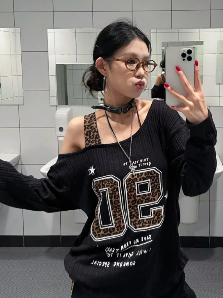 Y2K Patchwork Leopard Print T- - Embroidery Shirt ulasan dan harga