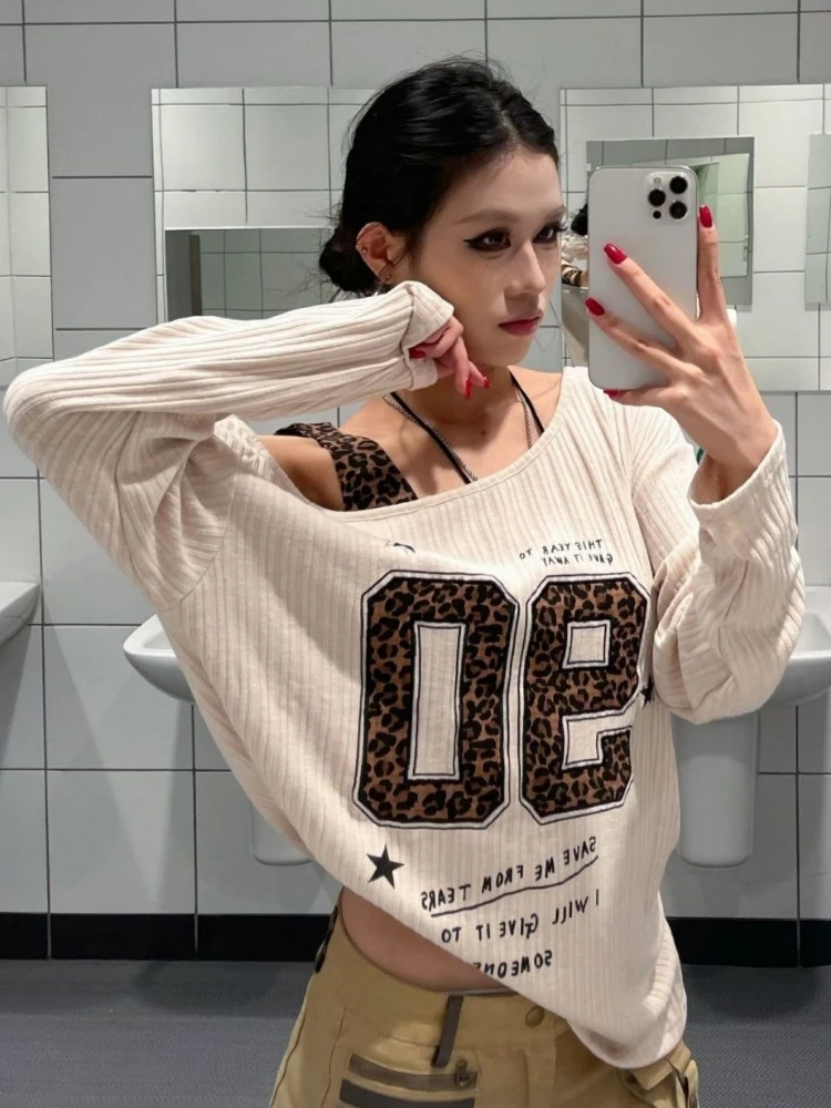 Y2K Patchwork Leopard Print T- - Embroidery Shirt ulasan dan harga