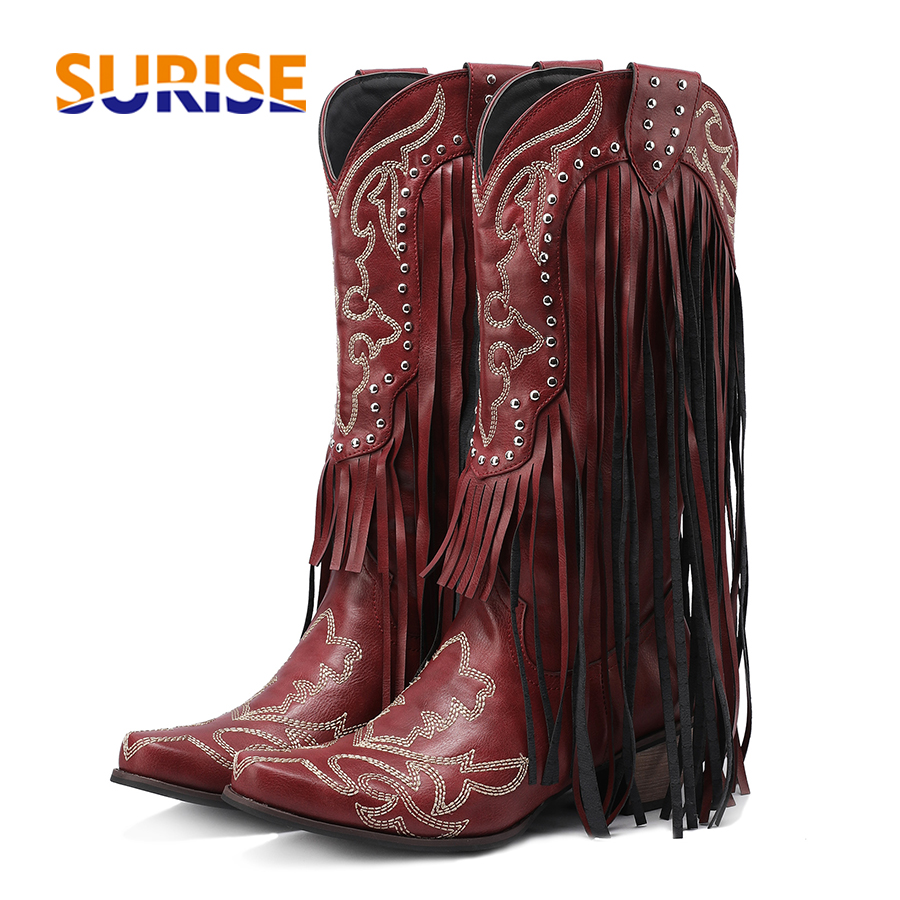 Western Cowboy Mid-calf Boots  - Embroidery Red ulasan dan harga