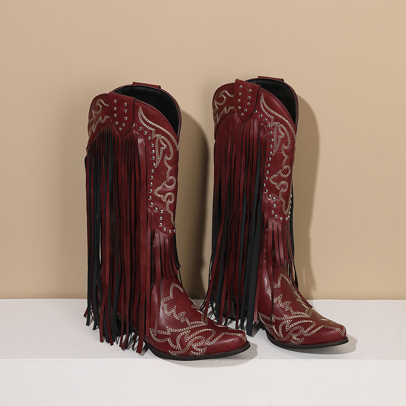 Western Cowboy Mid-calf Boots  - Embroidery Red ulasan dan harga