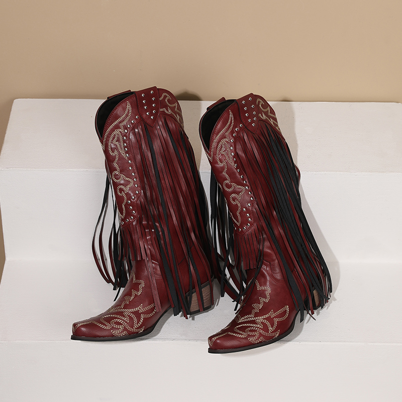 Western Cowboy Mid-calf Boots  - Embroidery Red ulasan dan harga