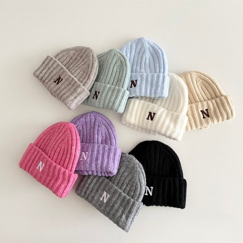 Korean Style Kids Knit Beanie  - Embroidery Letter N ulasan dan harga
