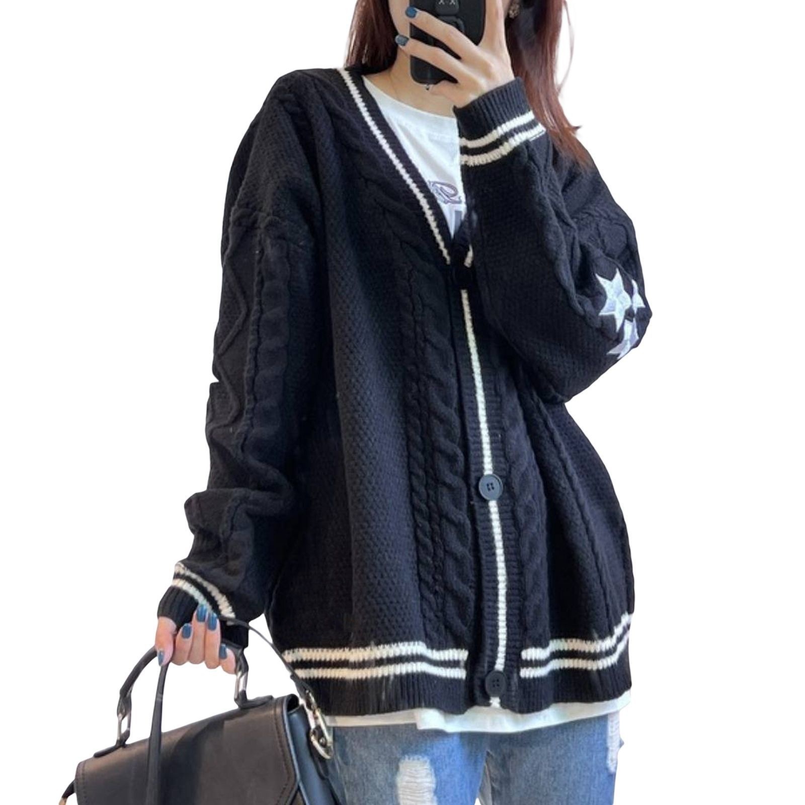 Women Vintage Cable Knit Cardi - Embroidery Letter N ulasan dan harga