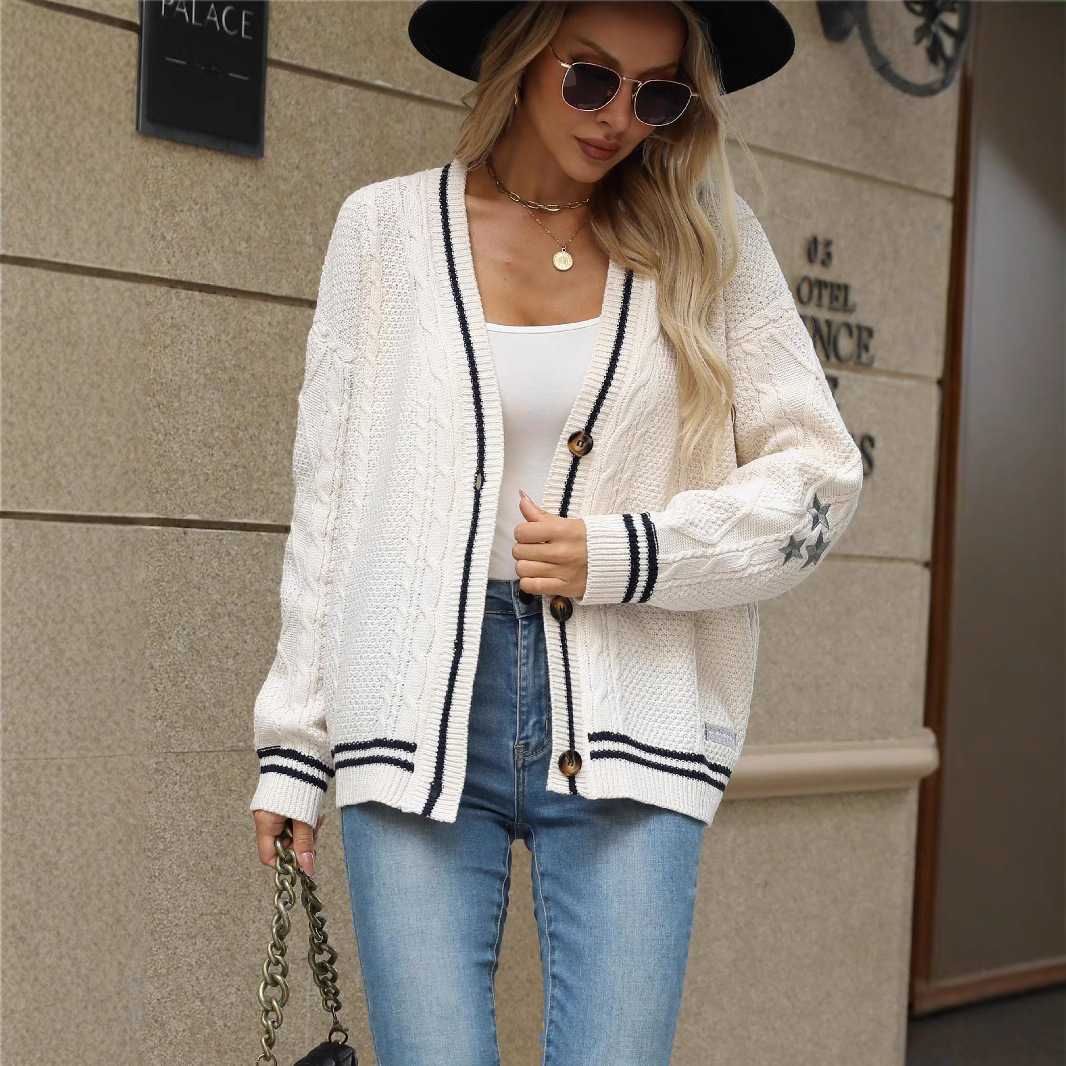 Women Vintage Cable Knit Cardi - Embroidery Letter N ulasan dan harga