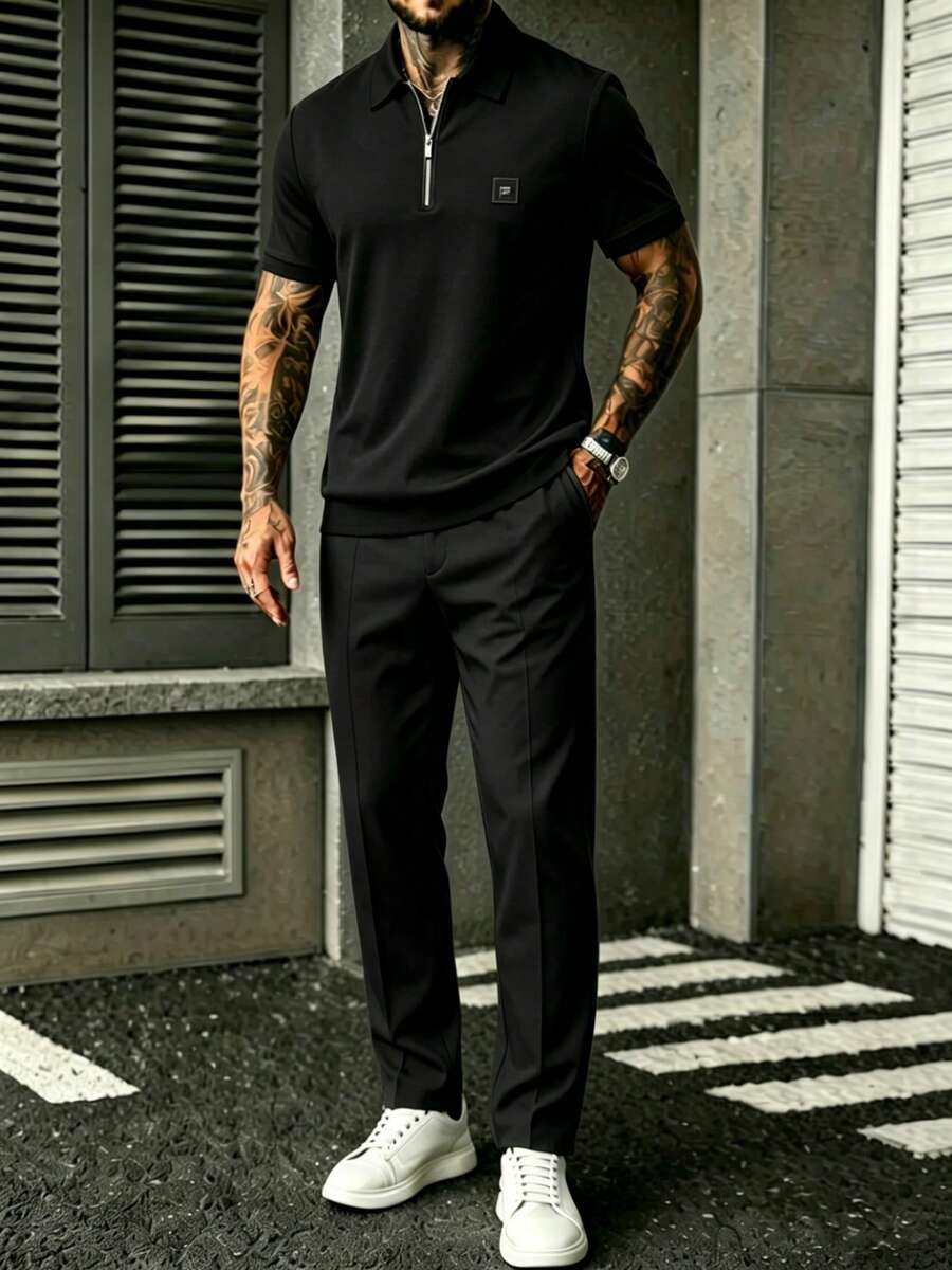 Mens Black Quarter-Sleeve Zip- - Embroidery Shirt ulasan dan harga