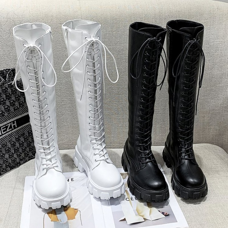 Women Knee High Boots Lace Up  - Embroidery White ulasan dan harga