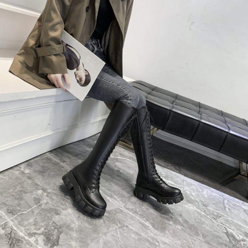 Women Knee High Boots Lace Up  - Embroidery White ulasan dan harga