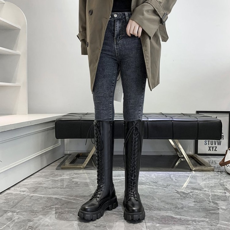 Women Knee High Boots Lace Up  - Embroidery White ulasan dan harga
