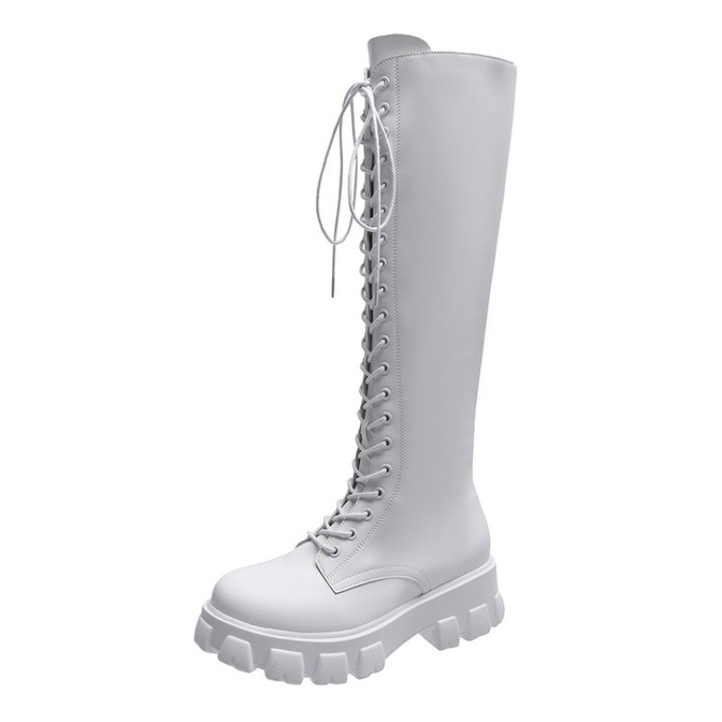 Women Knee High Boots Lace Up  - Embroidery White ulasan dan harga