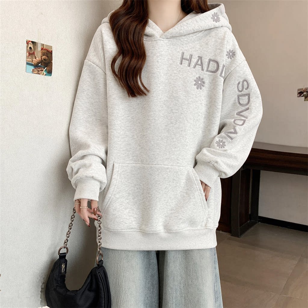 Solid Color Women's Hoodie Fas - Embroidery Letter N ulasan dan harga