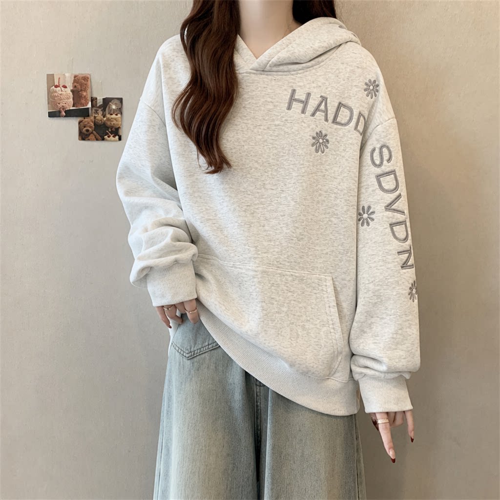Solid Color Women's Hoodie Fas - Embroidery Letter N ulasan dan harga