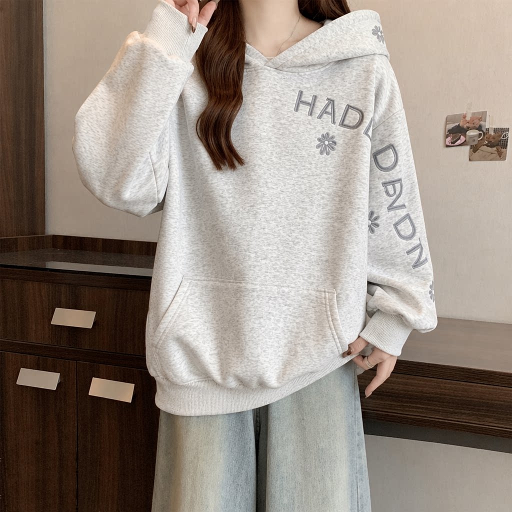 Solid Color Women's Hoodie Fas - Embroidery Letter N ulasan dan harga