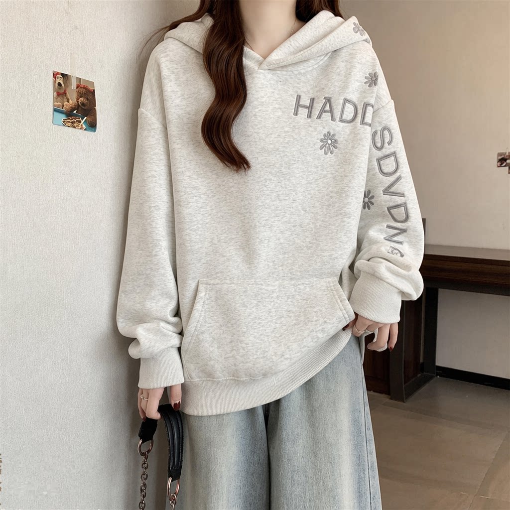 Solid Color Women's Hoodie Fas - Embroidery Letter N ulasan dan harga